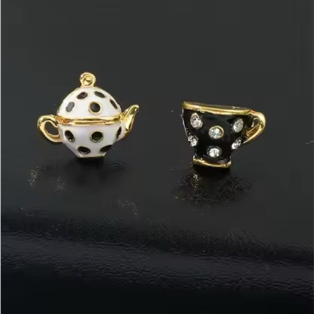 Alice In Wonderland Gold Enameled Black & White Teapot & Teacup Stud Earrings - Picture 3 of 10